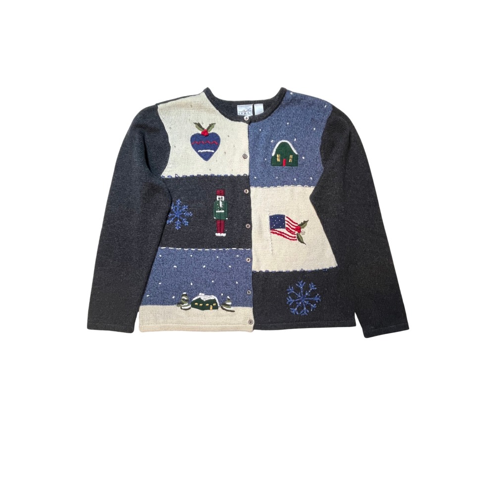 Vintage 90s Liz Claiborne Christmas Sweater XL Blue Nutcracker Granny Cottage